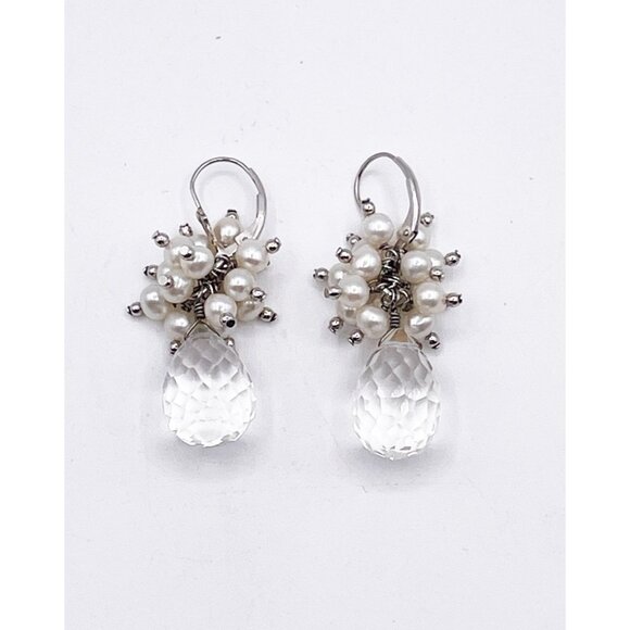 Vintage Sterling Silver Pearl Cluster Earrings w/ Clear Faceted Briolette Drop - Picture 1 of 5